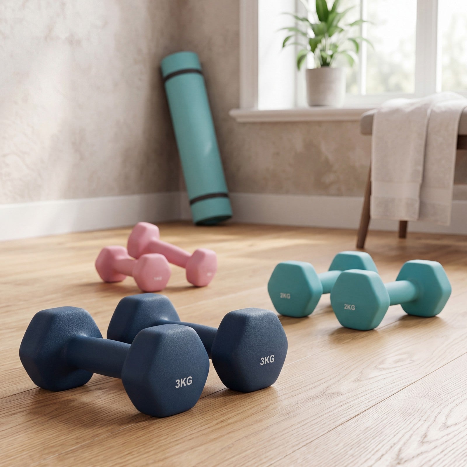JOYFURNOSEnsemble d’haltères hexagonaux avec support – 3 paires : 1 kg, 2 kg, 3 kg, Revêtement néoprène mat – Haltères pour exercice à domicile