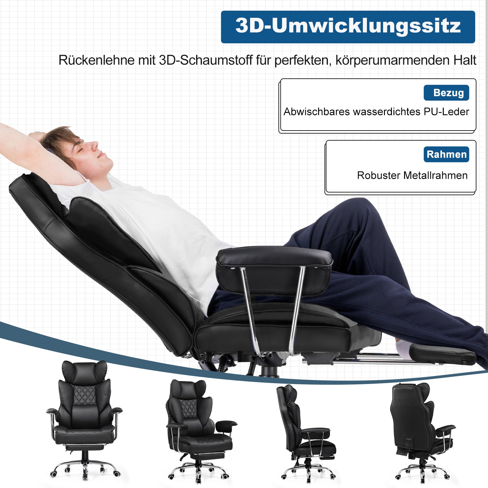 GTPLAYER Chaise Gaming - Fauteuil de Bureau Exécutif avec Repose-Pieds, Ergonomique, Dossier Haut, Support Lombaire, Inclinable, Pivotante, Robustesse Haute, Noir