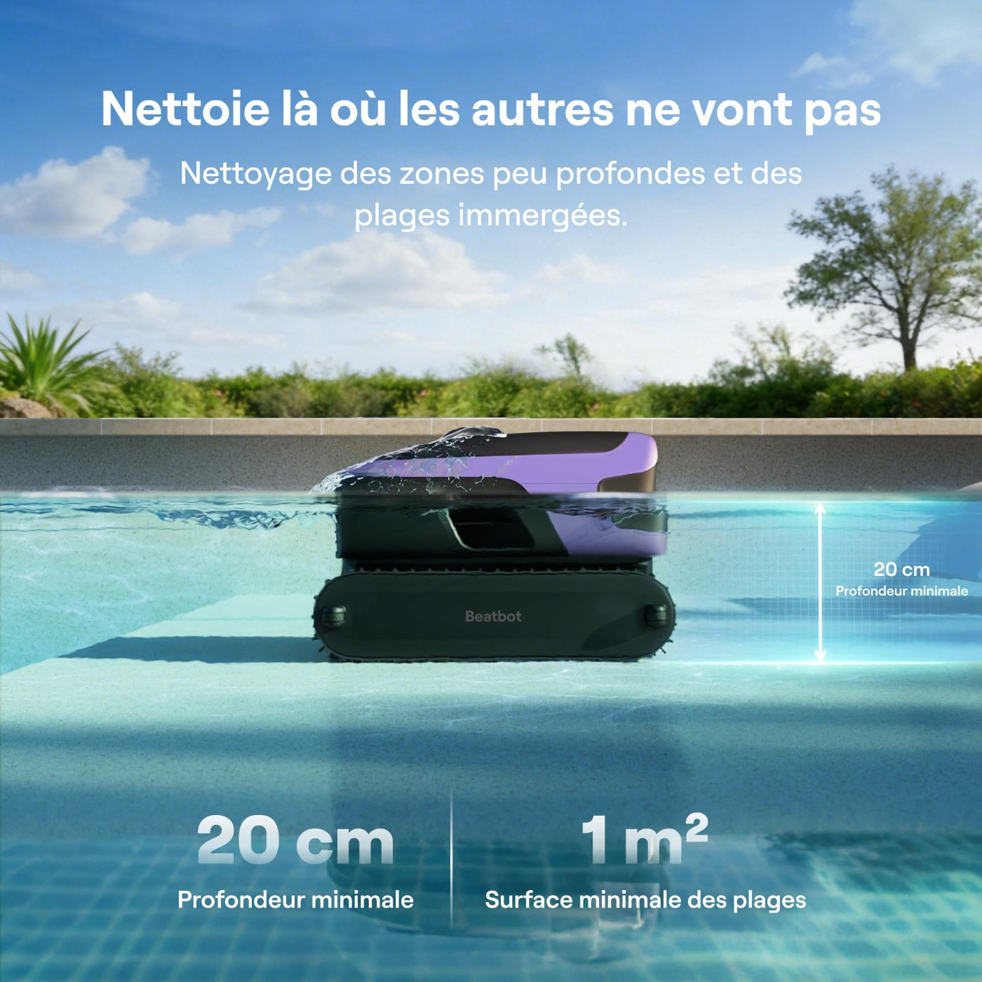 Beatbot M70 Version Robot de Piscine, Débit de 25 700 L/h, Station d'Accueil de Surface Intelligente, Bac à Débris de 6 L, Batterie de 10 000 mAh, Pour Piscines Jusqu'à 300 m², Violet Foncé