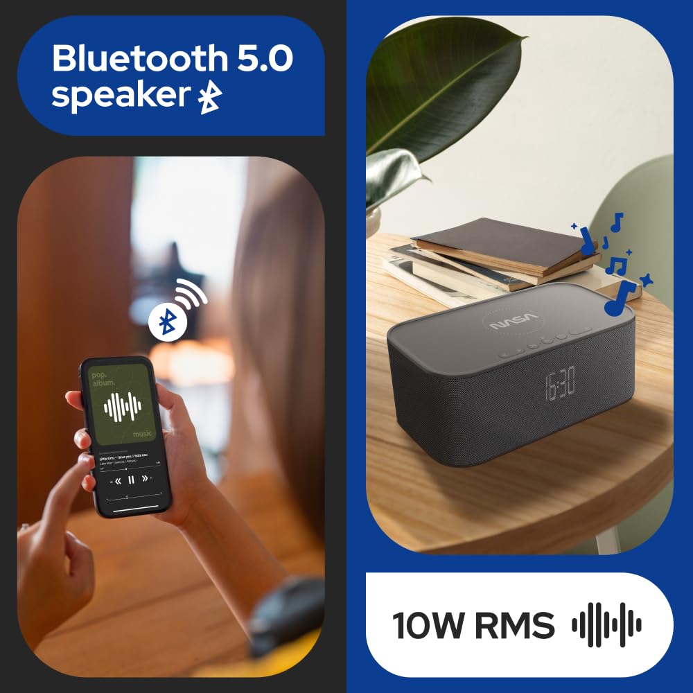 Enceinte bluetooth design, réveil, lumière et chargeur smartphone à induction NASA