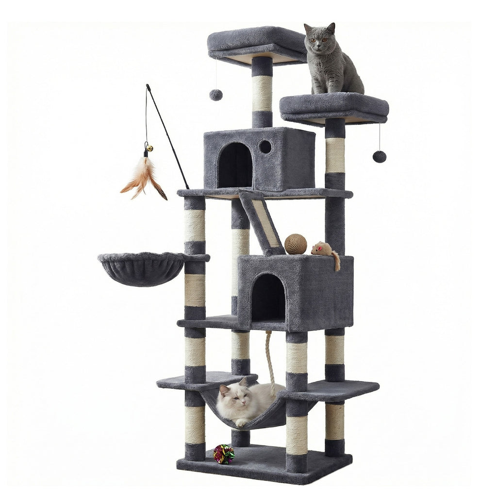 JOYFURNOS Arbre à chat, grande tour pour chat de 168 cm avec 13 poteaux à griffer, 1 rampe à griffer, 2 perchoirs, 2 niches, panier, hamac, pompons, gris fumé