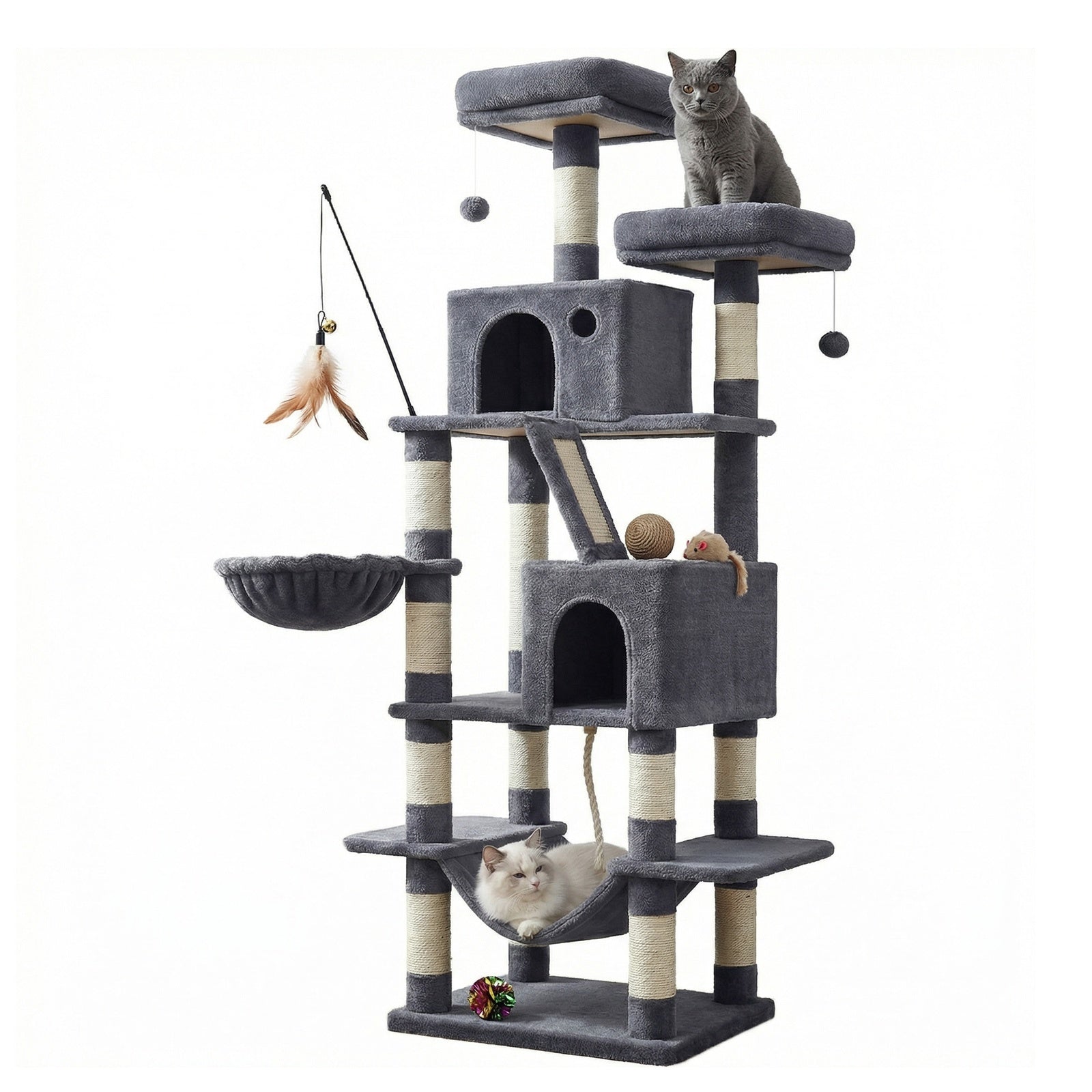 JOYFURNOS Arbre à chat, grande tour pour chat de 168 cm avec 13 poteaux à griffer, 1 rampe à griffer, 2 perchoirs, 2 niches, panier, hamac, pompons, gris fumé