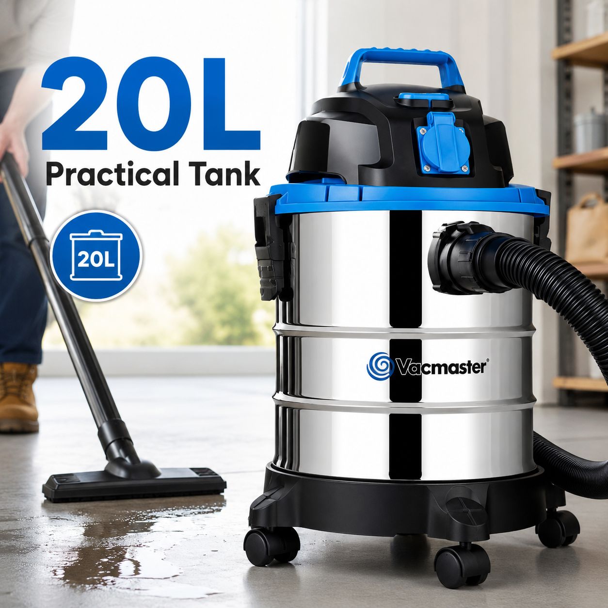 Vacmaster VQ1220SC Aspirateur Eau et Poussière 20 L, Moteur 1250 W, Aspiration 20 kPa, Prise pour Outils Électriques 2430 W, Fonction Soufflerie et Cuve Inox, pour Maison, Garage et Atelier