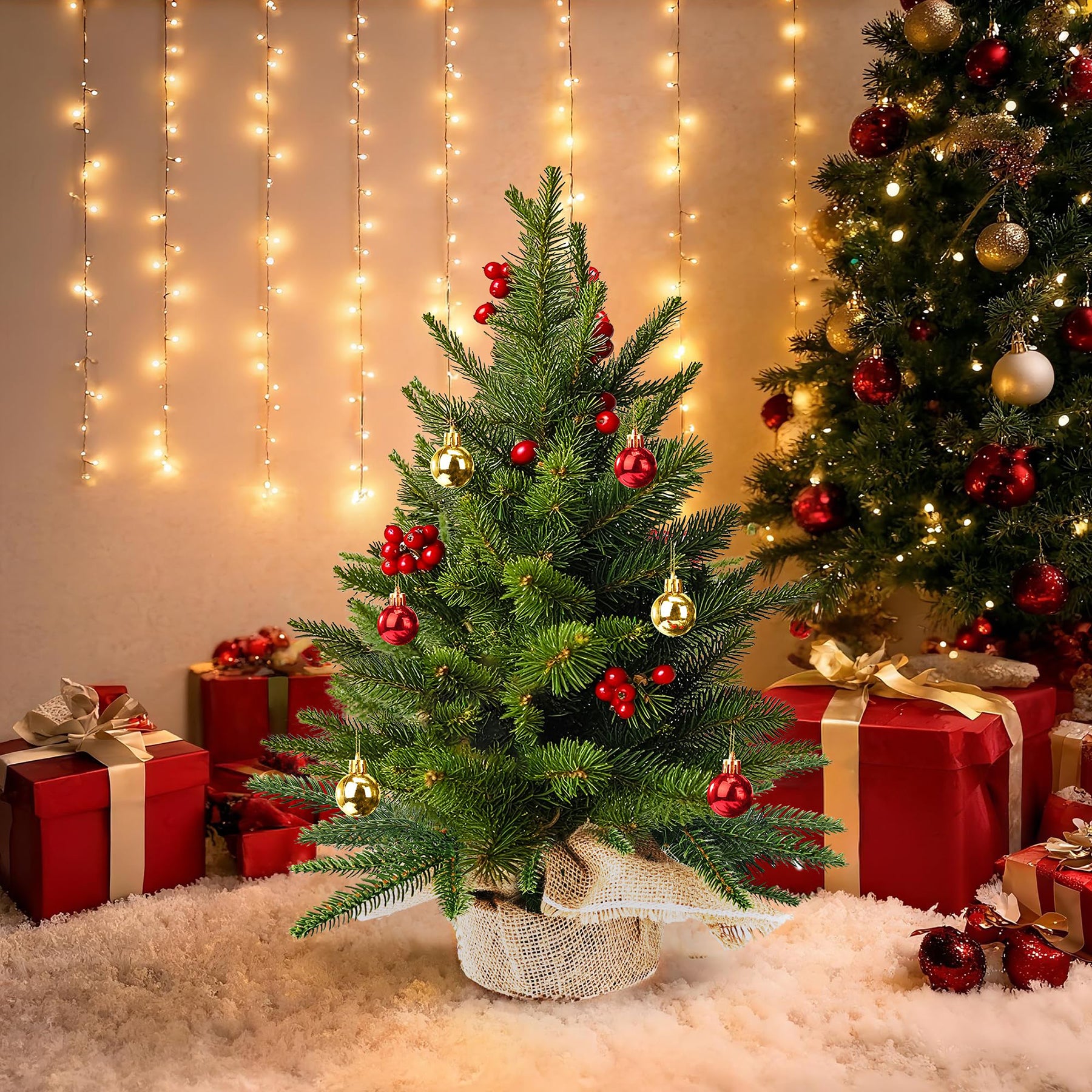 1 pièce Mini sapin de Noël 23,6 pouces/60 cm, sapin de Noël artificiel pour l'intérieur, petit sapin de table décoré avec des baies rouges et des boules de Noël