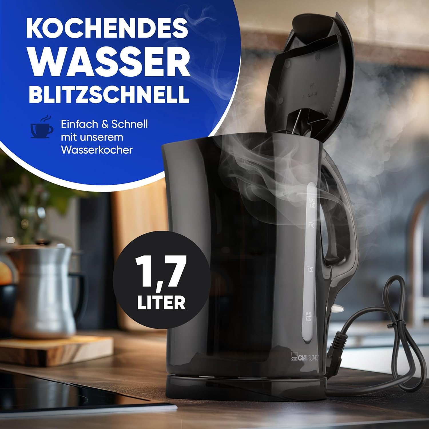 Clatronic WK-3819 Bouilloire électrique noire à ébullition rapide 2200 W - 1,7 L