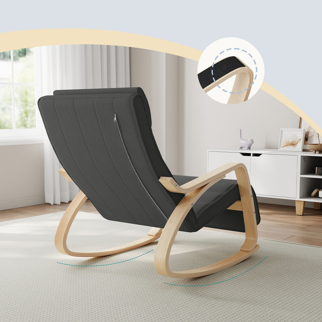 JOYFURNOS Fauteuil à bascule gris foncé et naturel avec accoudoirs en bouleau – Repose-pieds réglable à 5 niveaux, supporte jusqu’à 150 kg – Idéal pour salon ou chambre