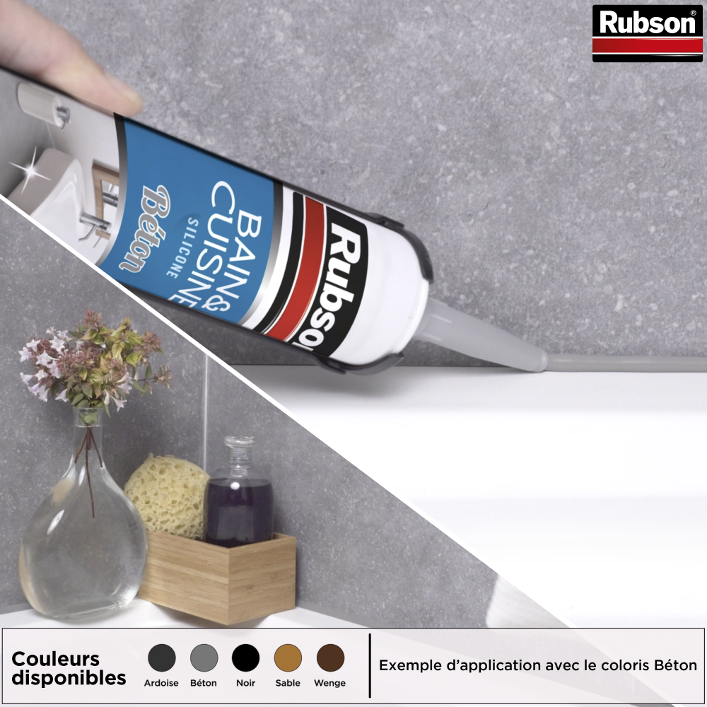 Henkel Rubson | Mastic Bain & Cuisine Noir Intense (cartouche de 280 ml) – Joint silicone multi-matériaux renforcé en antifongiques – Mastic sanitaire coloré, souple & étanche