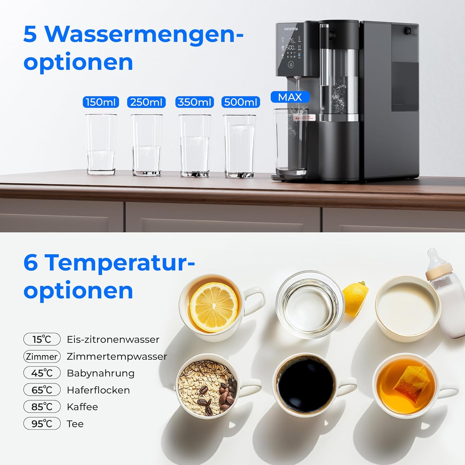 Système d’Osmose Inverse de Comptoir Waterdrop WD-A2 pour la Maison, Refroidisseur d’Eau Sans Bouteille avec Réservoir Portatif, Eau Froide, 6 Réglages de Température, Rapport 3:1 Eau Pure/Drain