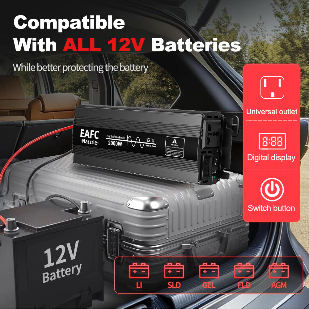 EAFC 2000 W Onduleur à onde pure – (Puissance de crête 2000 W / Puissance nominale 1000 W) – Convertisseur 12 V CC vers 220 V CA avec affichage numérique