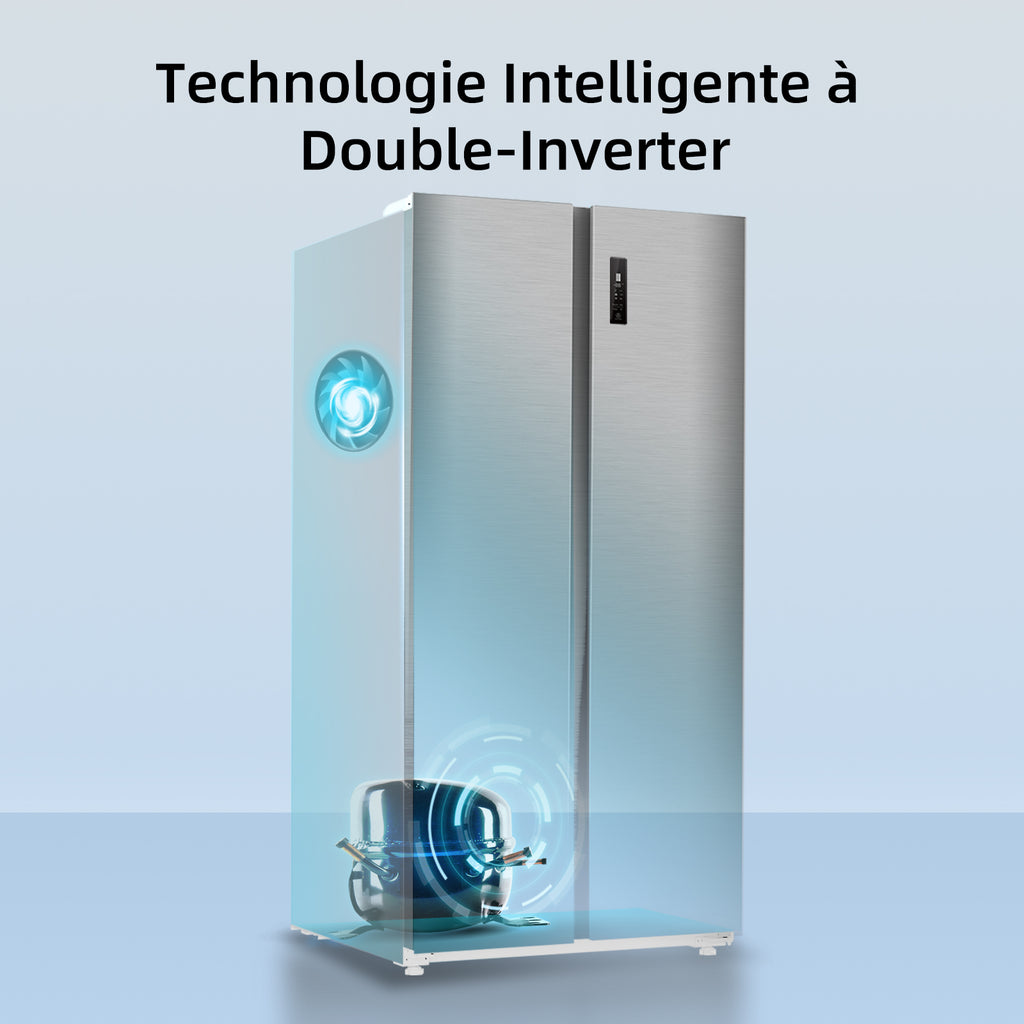 CHiQ JR525WSE Réfrigérateur-congélateur américain 525 L, sans givre, circulation d'air multiflux, réfrigérateur 333 L et congélateur 192 L, compresseur à vitesse variable