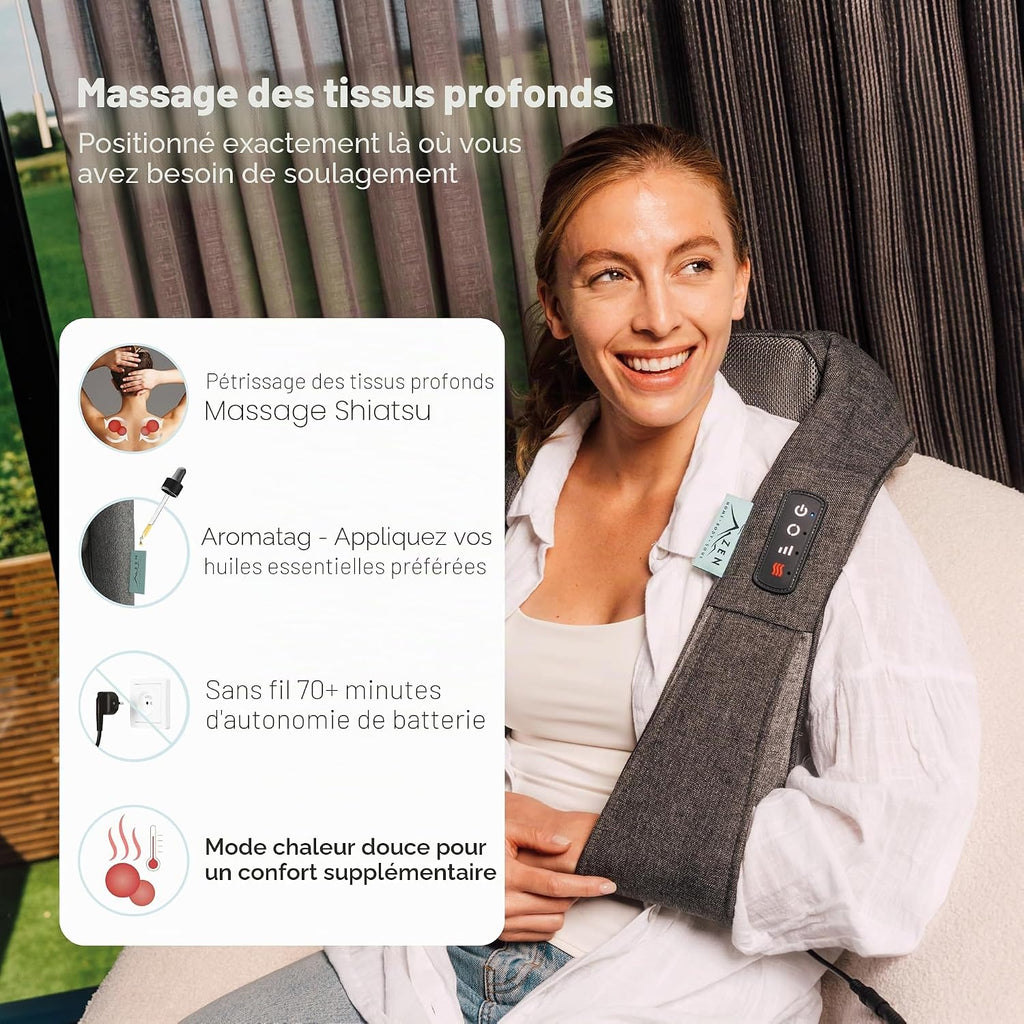 ZEN Matterhorn - Appareil de massage cou et épaules - Deux sens de massage - Trois vitesses - Chaleur apaisante - Pastille d’aromathérapie - Batterie rechargeable USB-C