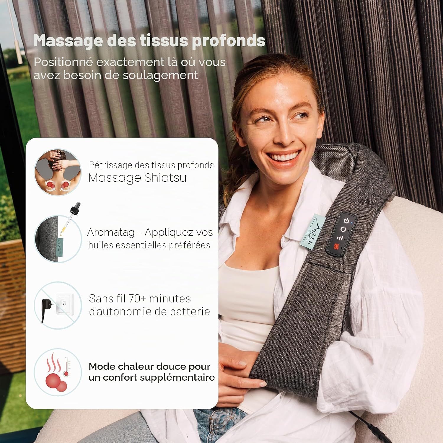 ZEN Matterhorn - Appareil de massage cou et épaules - Deux sens de massage - Trois vitesses - Chaleur apaisante - Pastille d’aromathérapie - Batterie rechargeable USB-C