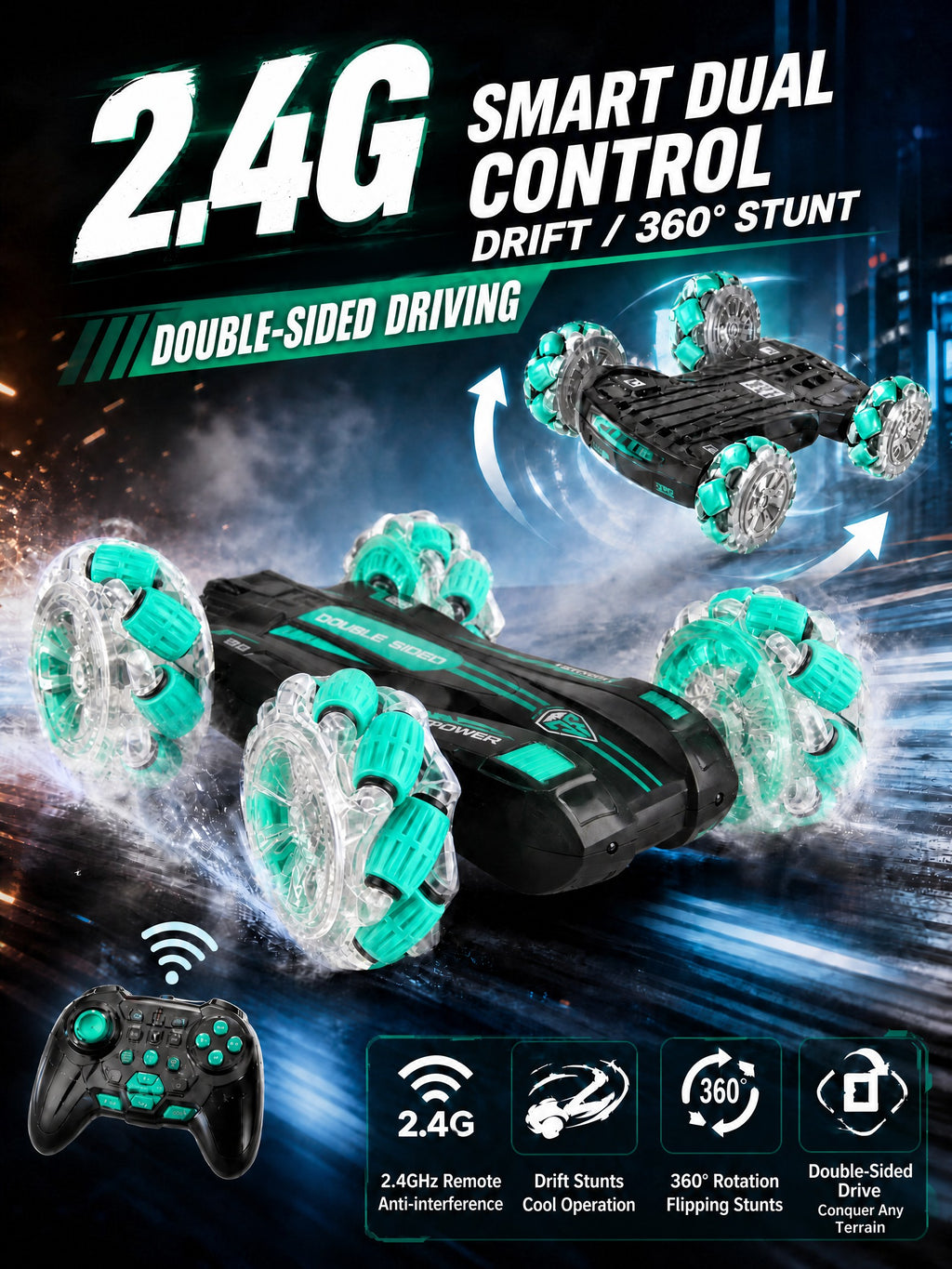 Voiture cascade RC 4x4 double face, roues Mecanum 9cm LED, drift latéral rotation 360°, véhicule antichoc intérieur extérieur, jouet enfant, vert 1 unité