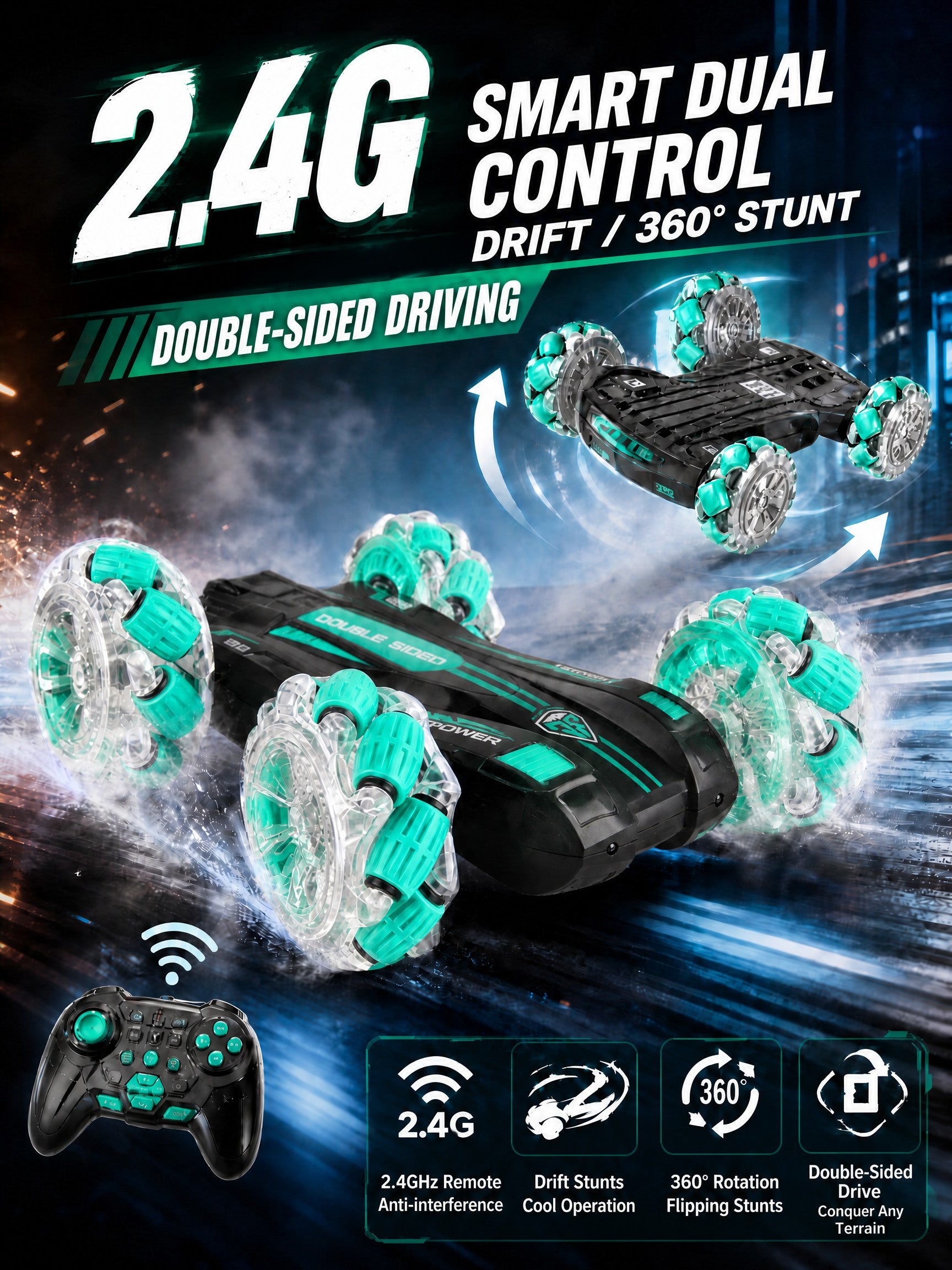 Voiture cascade RC 4x4 double face, roues Mecanum 9cm LED, drift latéral rotation 360°, véhicule antichoc intérieur extérieur, jouet enfant, vert 1 unité