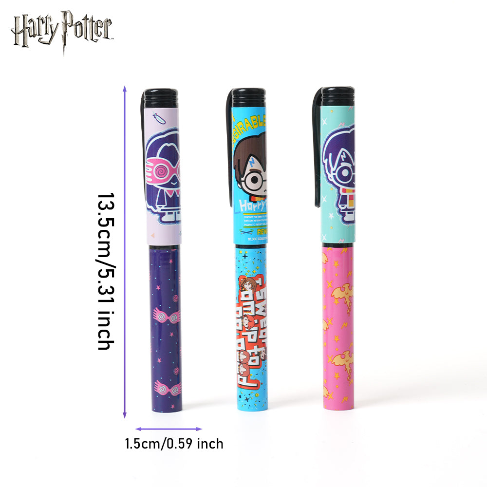 Warner Bros. Lot de 3 stylos Harry Potter à personnages stylisés mignons sous licence officielle encre bleu-noir Monde des sorciers cadeau de papeterie