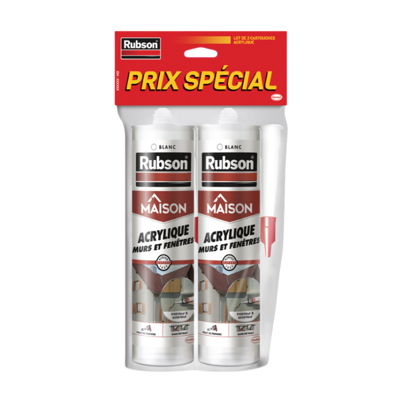 Henkel Rubson | Mastic Maison Acrylique Murs & Fenêtres Blanc (lot de 2 cartouches de 280 ml) – Mastic acrylique pour intérieur & extérieur – Comble fissure, joint porte et fenêtre