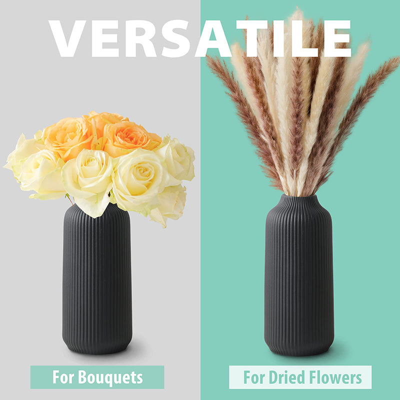 Yuejia 1 pièce Petit vase en céramique noir mat avec rainures 8,26 po/21 cm - Pour herbe de la pampa, décoration bohème, fleurs fraîches, fleurs séchées, table à manger, bureau