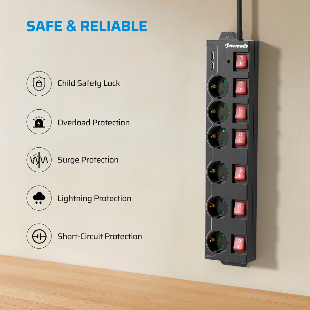 DEWENWILS Multiprise 6 prises avec USB, Interrupteurs individuels, Protection contre les surcharges, Sécurité enfant, Prises orientées à 90°, 5 m, Noir