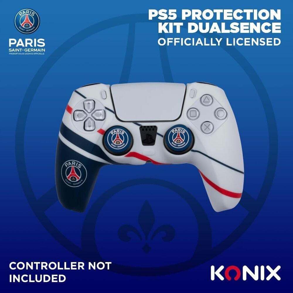Konix PSG Coque de protection pour manette DualSense PS5 - Silicone - Appuie-pouces - Bleu, blanc et rouge
