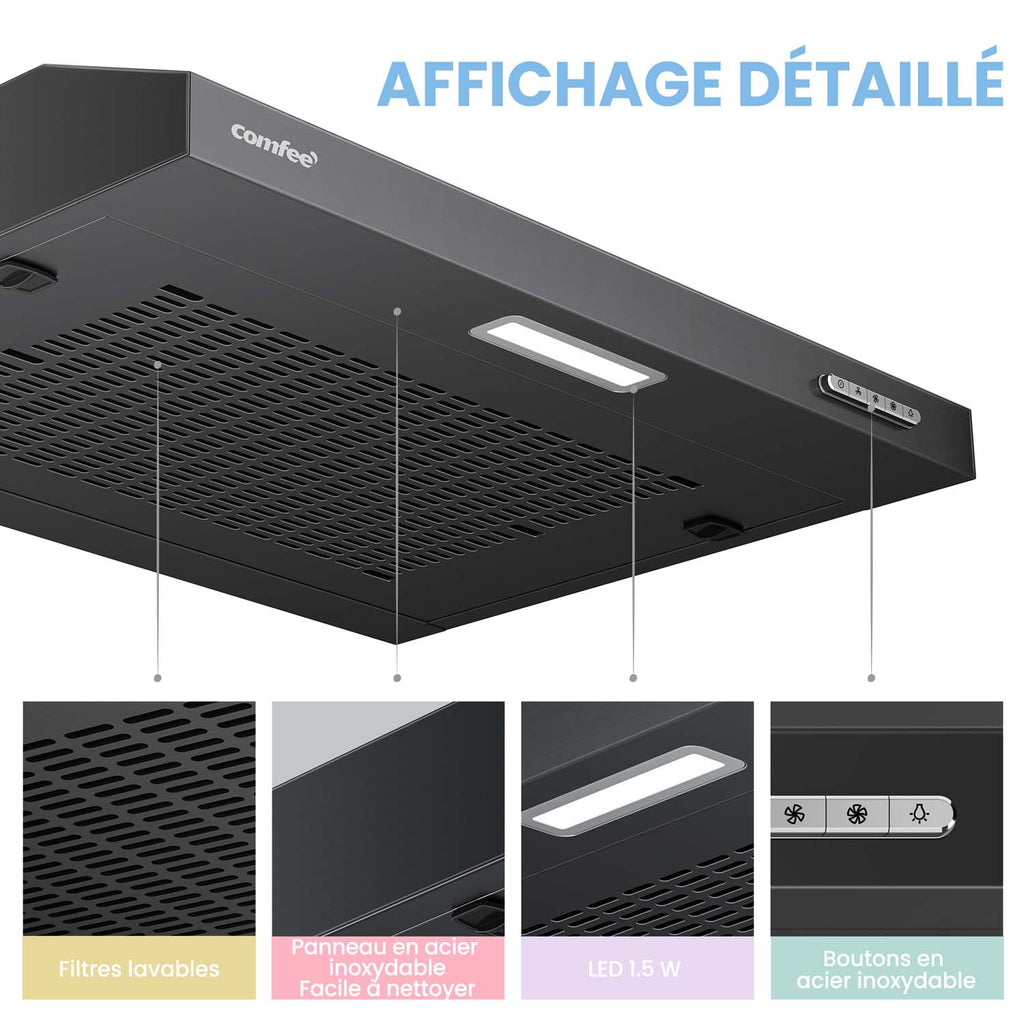 Comfee' Hotte aspirante LED KWH-SLIF17B-60, hotte aspirante sous meuble, hotte aspirante murale, hotte aspirante de cuisine, hotte aspirante à évacuation supérieure, 600 mm, acier inoxydable, 60 cm