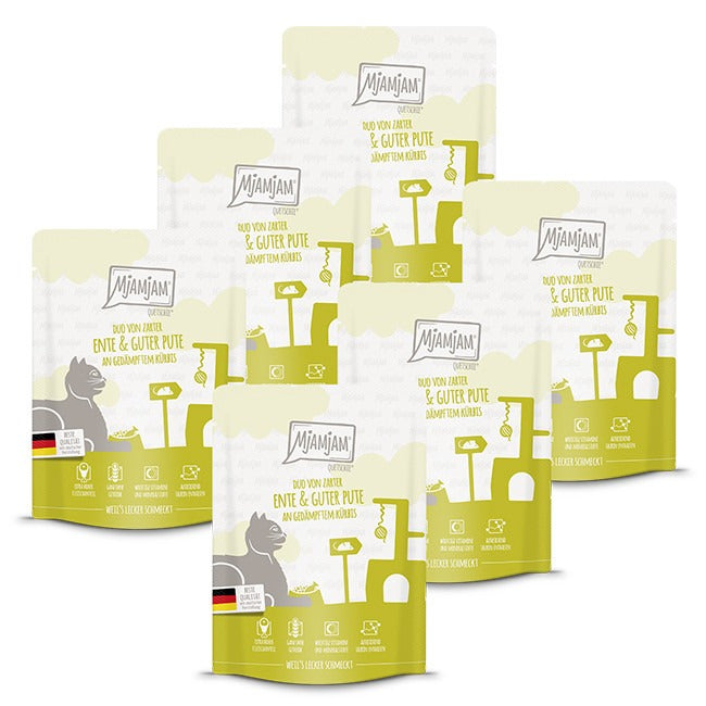 [Peut être servi frais pour l'été] MjAMJAM Duo Quetschie Nourriture humide pour chat canard dinde citrouille - 300 g x 6