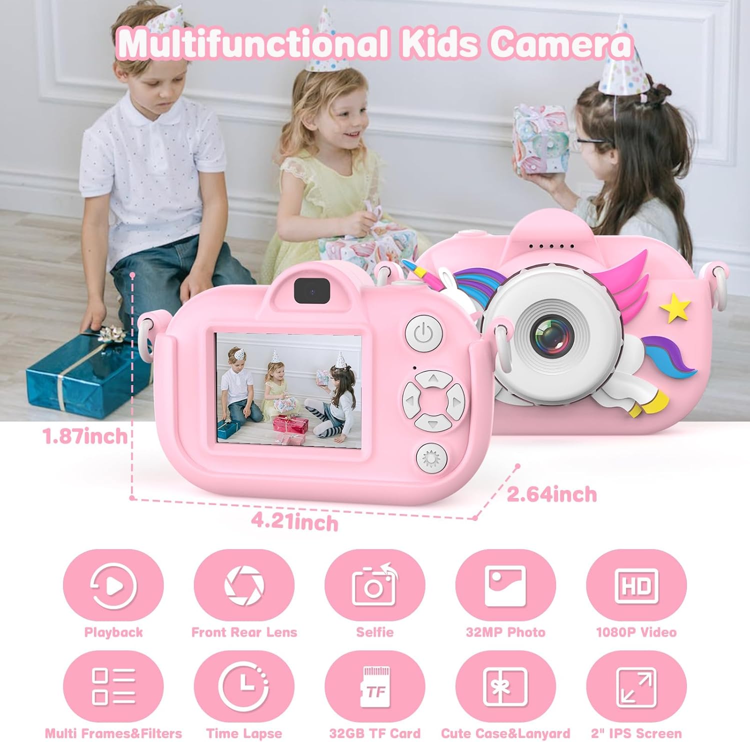 Songdian DC501J Appareil photo pour enfants avec étui souple à motif dessin animé Rose