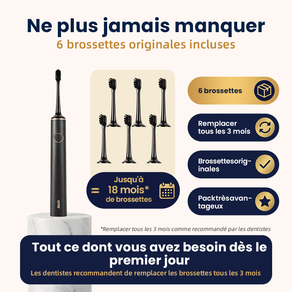 BAIR CARE G1s Brosse à Dents Électrique Sonique - 90 Jours d'Autonomie, Rechargeable, 5 Modes & 3 Intensités, Minuteur Intelligent 2 Min, Étanche IPX7, Inclut un Étui de Voyage Premium
