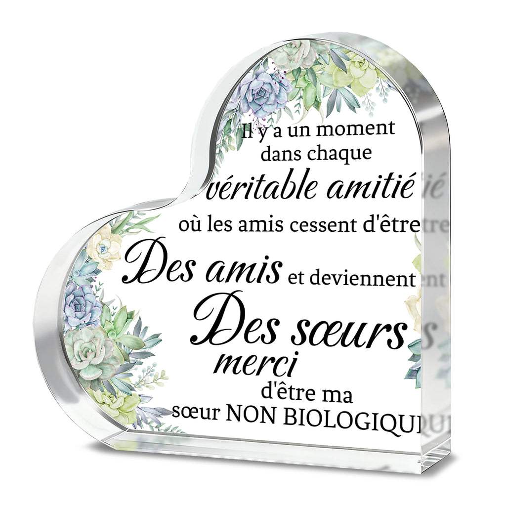 Alphynix 1 pc Plaque Cœur French Sisterhood, "Merci d'être ma sœur non biologique" Cadeau en cristal avec fleurs succulentes peintes à la main, Souvenir d'amitié spirituelle pour sœur d'âme
