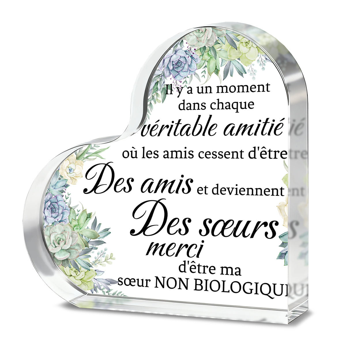 Alphynix 1 pc Plaque Cœur French Sisterhood, "Merci d'être ma sœur non biologique" Cadeau en cristal avec fleurs succulentes peintes à la main, Souvenir d'amitié spirituelle pour sœur d'âme