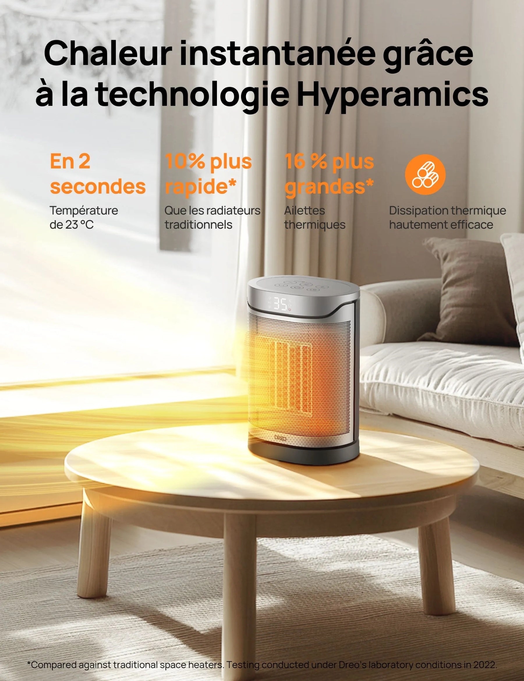 DREO Atom 318, Chauffage soufflant céramique PTC, 1500 W, économe en énergie, chaleur instantanée 2 s, oscillation 70°, minuterie 12 h, 8 protections de sécurité, télécommande