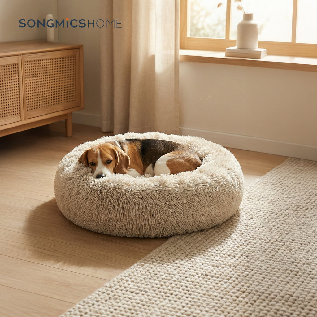 JOYFURNOS Lit pour chien en peluche donut avec housse amovible et lavable, kaki, 70 x 20 cm