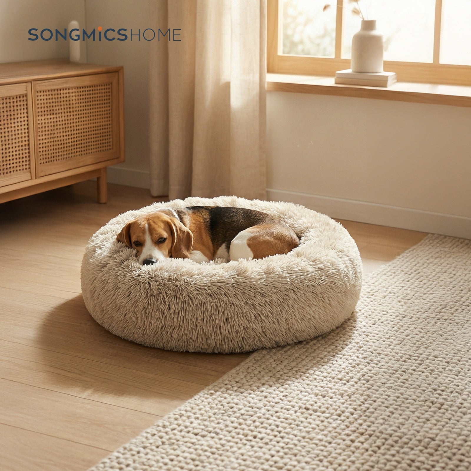 JOYFURNOS Lit pour chien en peluche donut avec housse amovible et lavable, kaki, 70 x 20 cm