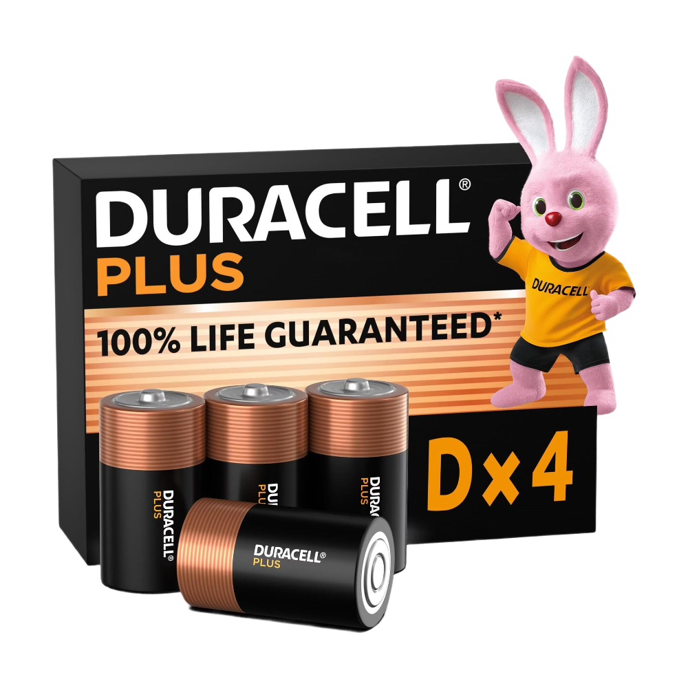 DURACELL Plus D Lot de 4 piles alcalines 1,5 V, durée de vie garantie à 100 %, idéales pour les appareils du quotidien, emballage 0 % plastique, durée de conservation de 10 ans – LR20 MN1300