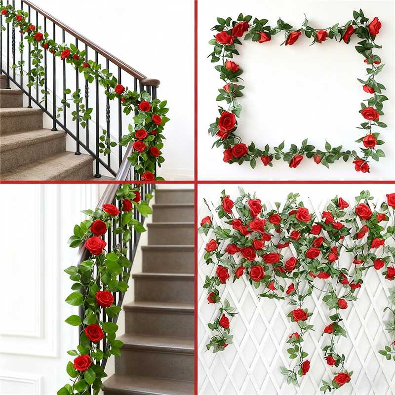 Wei's moment Lot de 2 Guirlandes de roses rouges artificielles, 7,54 ft, Plantes suspendues pour décoration de mariage jardin clôtures fête