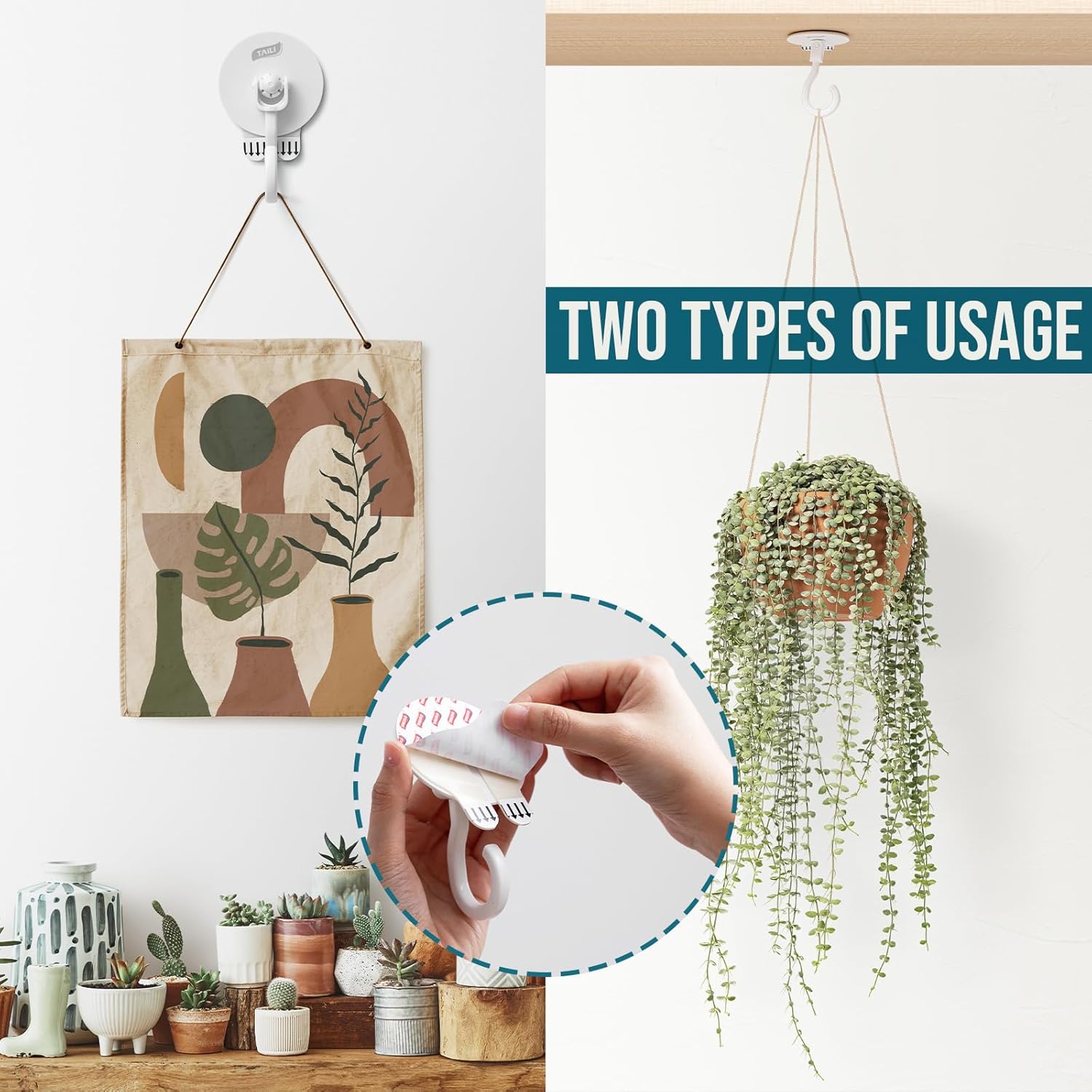 Taili Lot de 4 crochets adhésifs de plafond pour plantes suspendues, Robustes sans perçage amovibles, Crochets muraux adhésifs pour suspendre guirlandes lumineuses de Noël