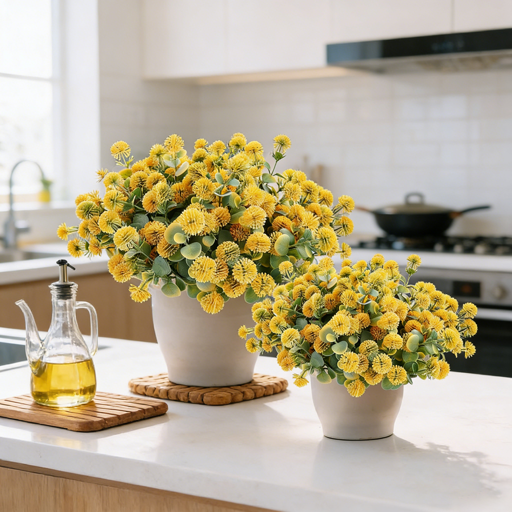 Yuejia Bouquet de 4 fleurs Craspédie artificielles 35 cm - Jaune