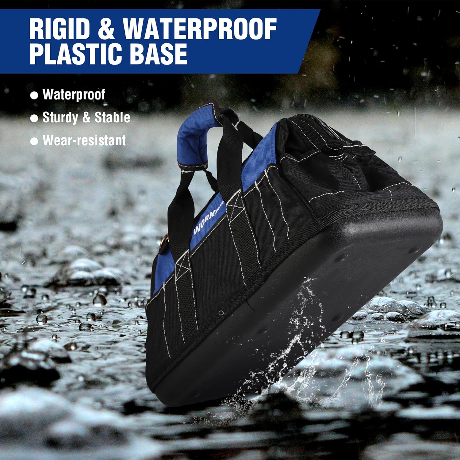 WORKPRO Sac à Outils 16 Pouces, Sac à Outils Robuste Multi-Poches avec Base Rigide en Plastique Imperméable, Sac à Outils Électromécanicien Robuste à Ouverture Large avec Bandoulière Réglable