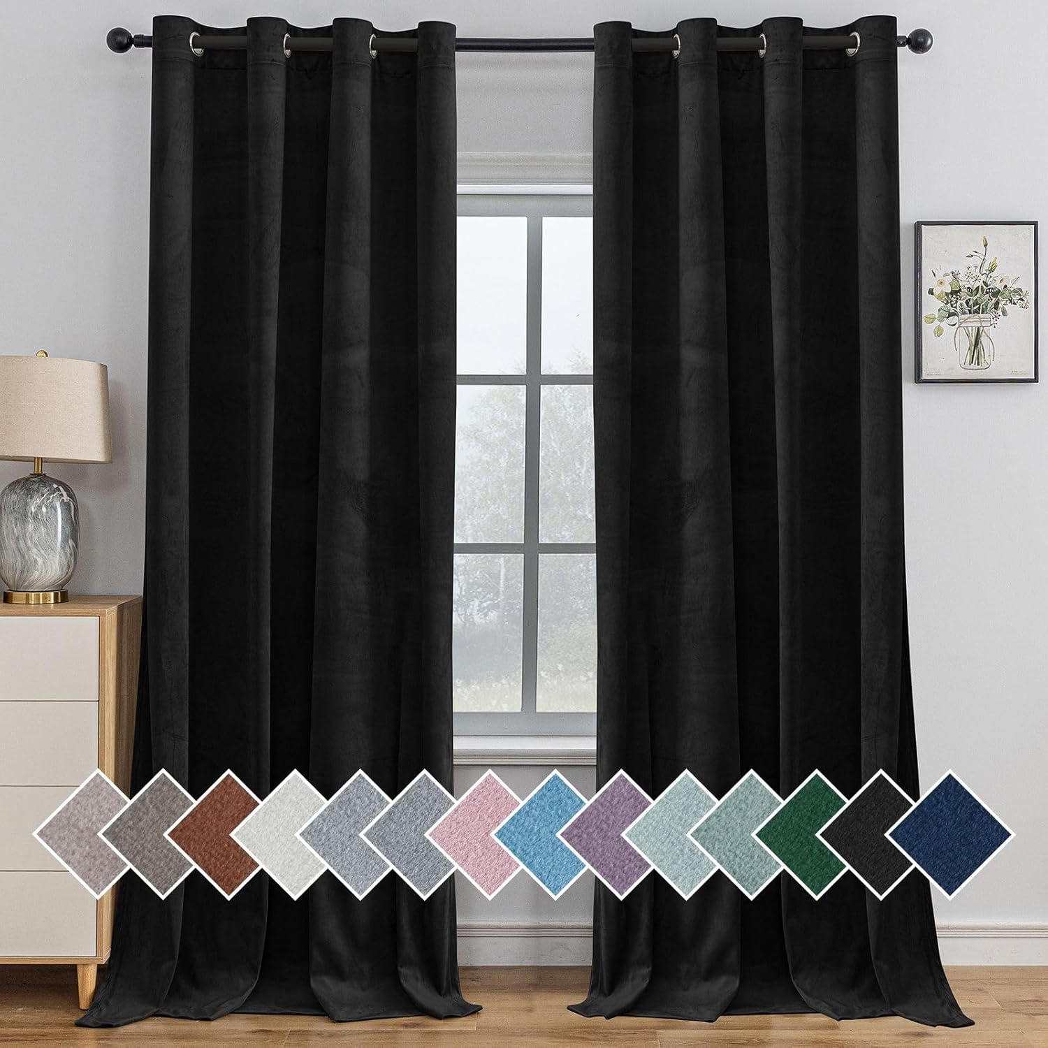 YSTYLE Rideaux occultants pour chambre et salon - Lot de 2 panneaux, rideaux thermiques isolants, 140 x 280 cm, SEHLR, Noir