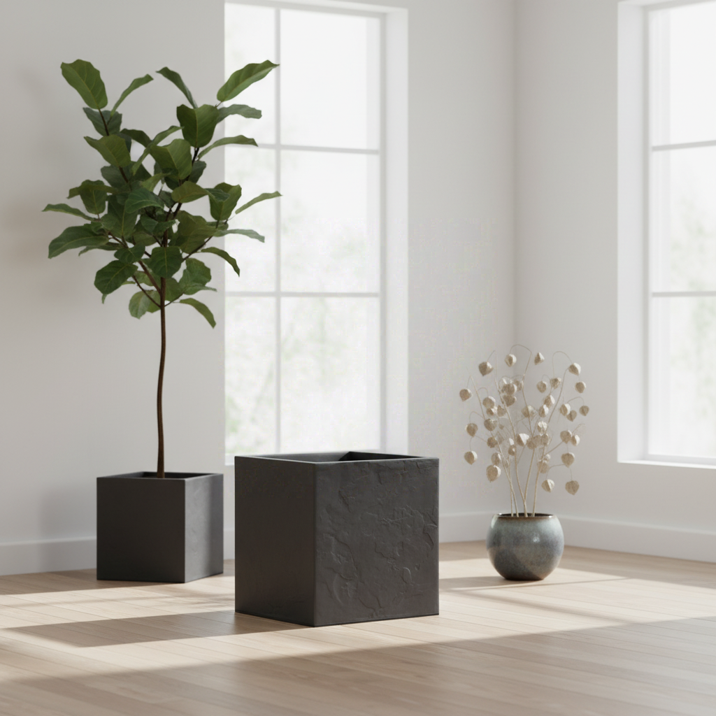 EDA Pot carré VOLCANIA 40 cm gris anthracite, à double paroi avec réserve d'eau, 39,5 x 39,5 x 43,5 cm, 31 L