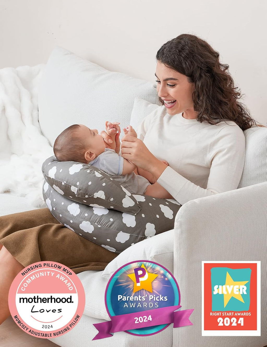 Momcozy Coussin d'allaitement en forme de U en coton tissé (100 % coton) NP001 (Nuage/Forêt animale/Nuage gris/Pluie de météores)