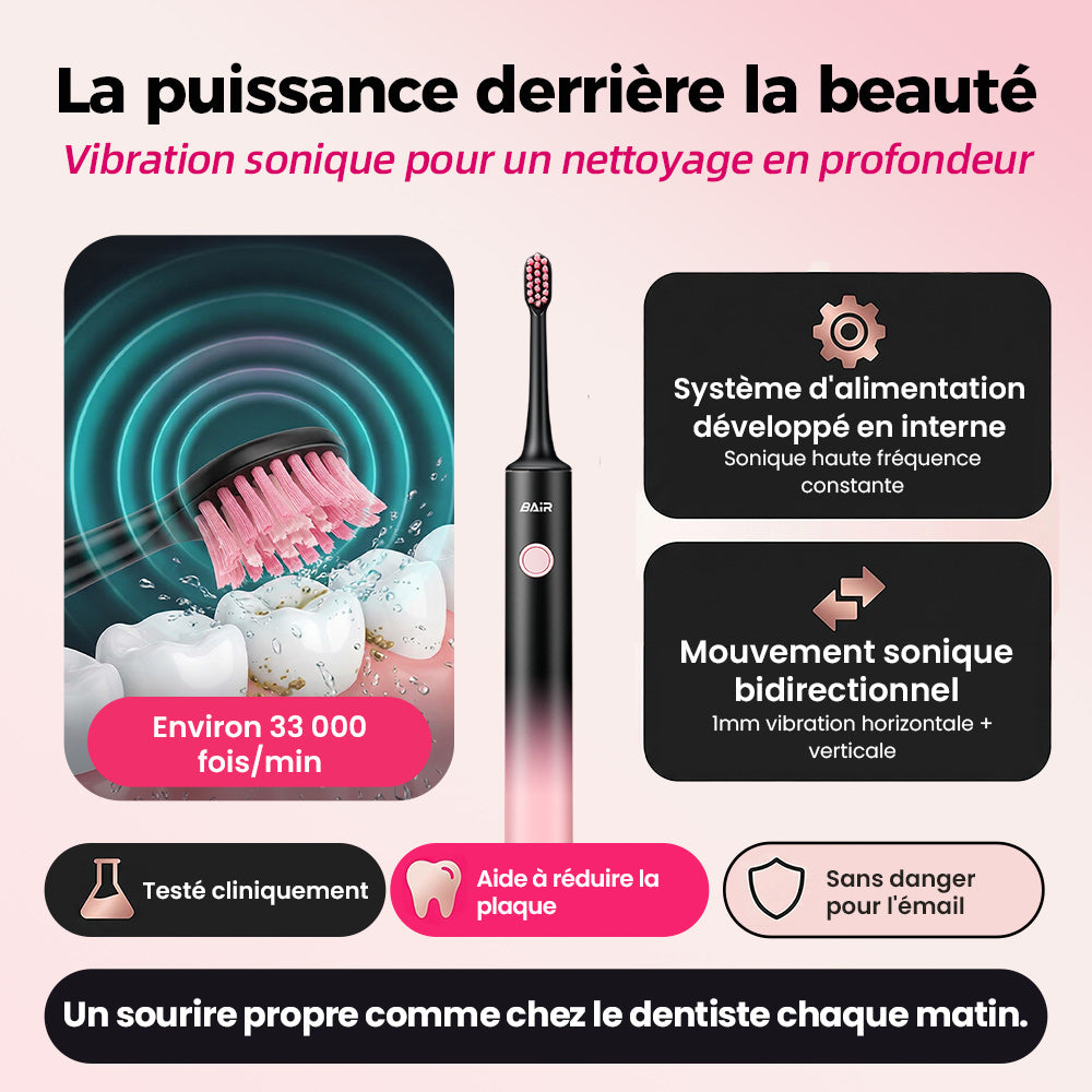 BAIR CARE Brosse à dents électrique sonique X6 - Batterie longue durée 90 jours, Rechargeable, 5 modes, Vibration haute fréquence, Étanche IPX7, Soin bucco-dentaire quotidien
