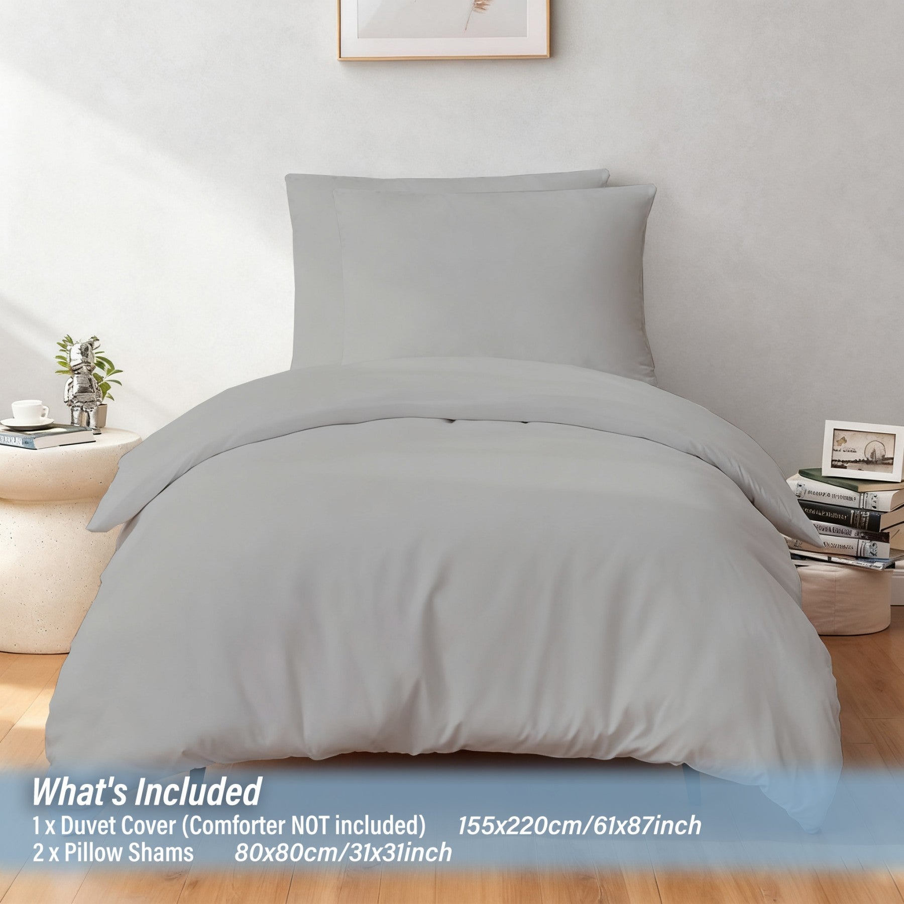 LeBonsoir Parure de lit brossée avec 1 housse de couette 155 x 220 cm et 2 taies d’oreiller 80 x 80 cm, avec fermeture éclair - Gris clair