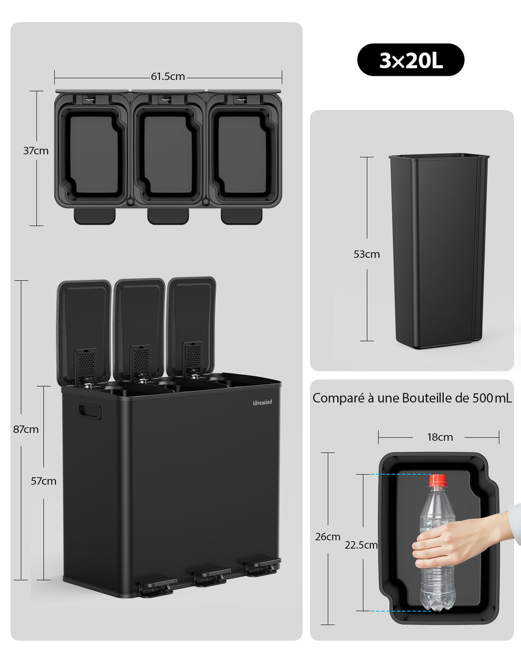 Poubelle de cuisine 60 L (3 x 20 L) en acier inoxydable, poubelle et bac de recyclage combinés avec couvercle à fermeture douce, poubelle à pédale à double compartiment pour recyclage, noir
