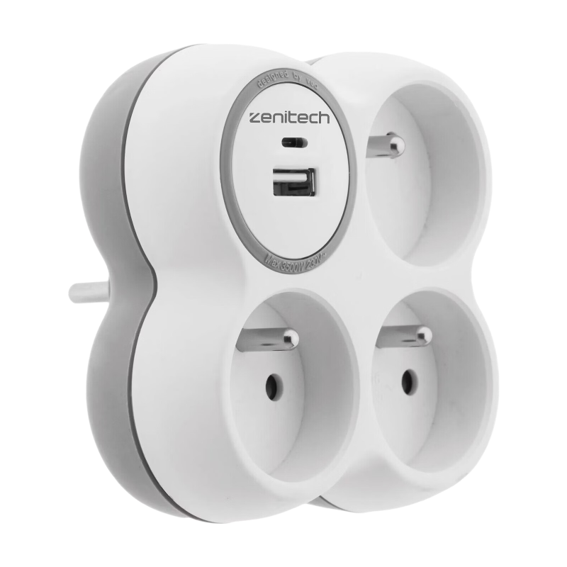 Zenitech Bolea Multiprise avec 3 x 16 A prises secteur et 2 ports USB-A - Blanc & Gris