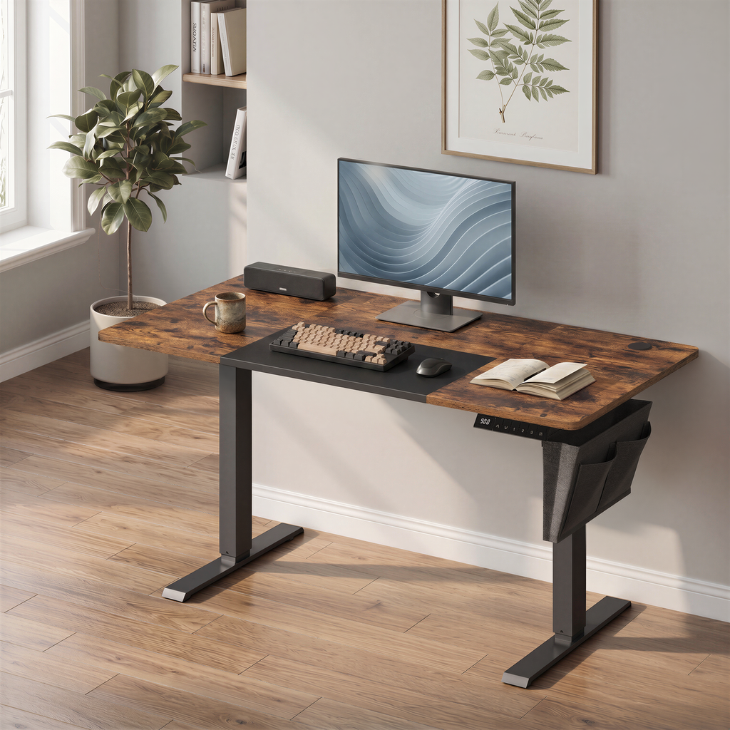 JOYFURNOS Bureau électrique avec 4 préréglages mémoire, 140 x 60 cm, réglage de hauteur continu, port USB-C, marron vintage et noir encre