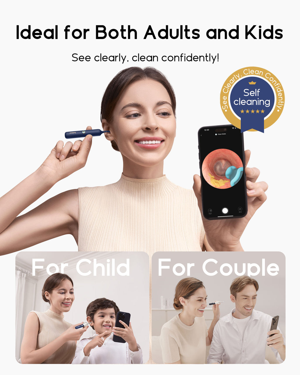 bebird Kit otoscope de nettoyage des oreilles avec caméra FHD flexible et pinces, pour examen des oreilles, du nez et de la gorge, embouts variés pour adultes et enfants
