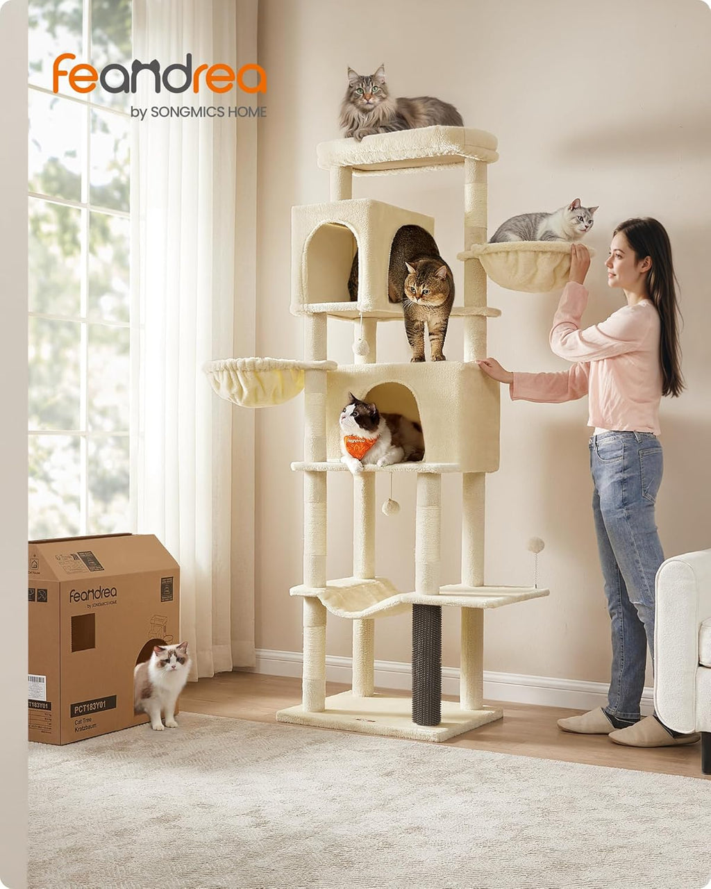 Feandrea Griffoir pour chat grand 75" de haut XXL arbre à chat multi-niveaux avec 2 niches, 2 paniers, 5 colonnes à griffer, brosse pour chat, grande plateforme, sable beige