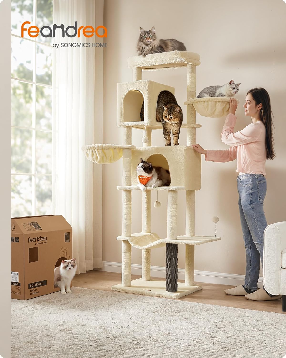 Feandrea Griffoir pour chat grand 75" de haut XXL arbre à chat multi-niveaux avec 2 niches, 2 paniers, 5 colonnes à griffer, brosse pour chat, grande plateforme, sable beige
