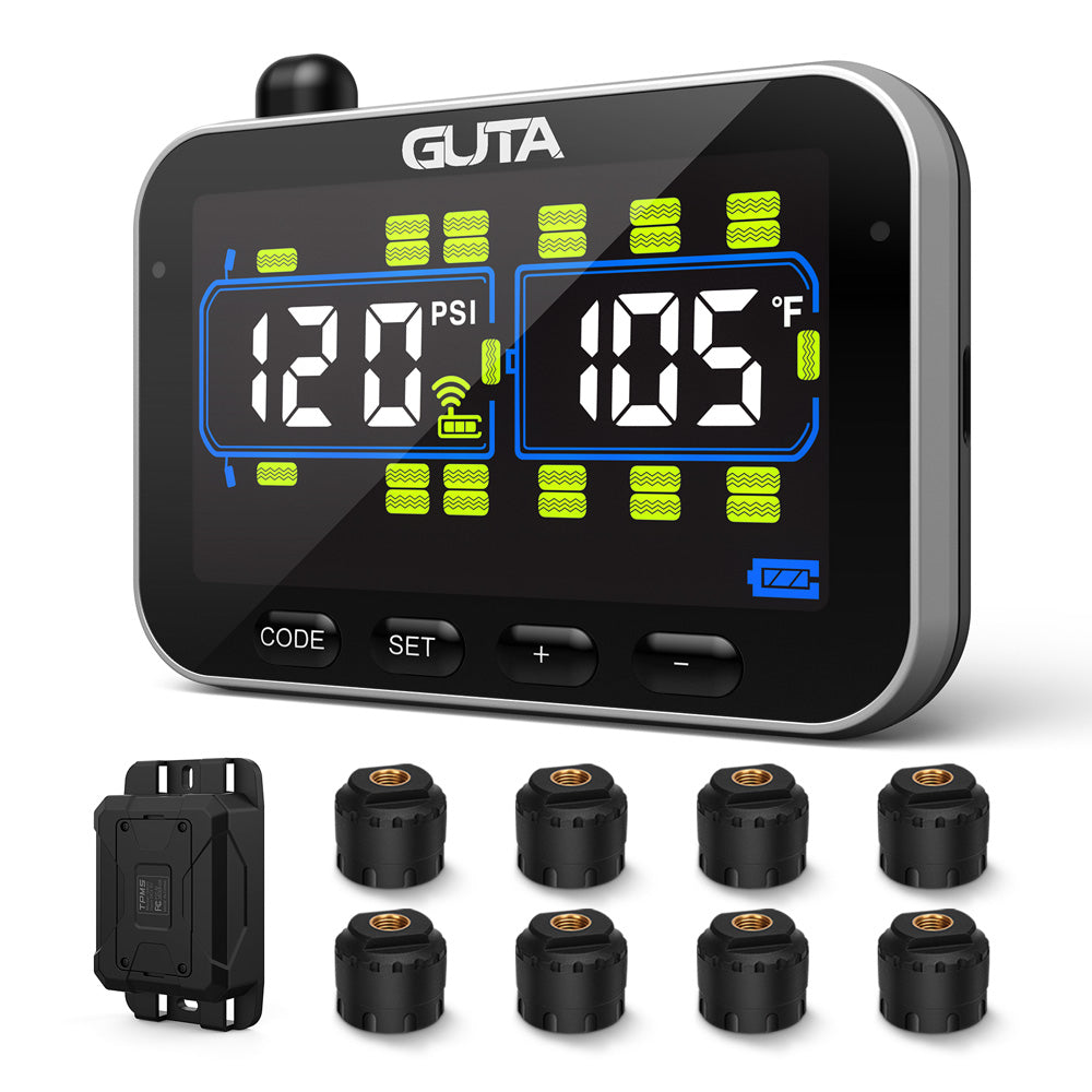 GUTA Système de surveillance de la pression des pneus pour VR/remorque avec 8 capteurs, surveillance en temps réel de 0 à 188 PSI, 6 alarmes, écran couleur LCD, répéteur