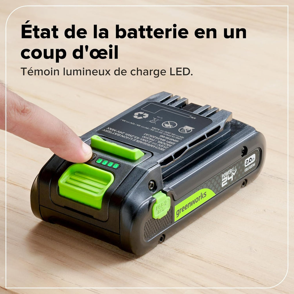 Greenworks Kit de Démarrage 24 V 1x Batterie USB HP 2 Ah + Chargeur 65 W + Câble 100 W 1 m